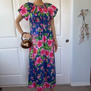 🌺💙 Handmade Hawaiian Luau Floral Pink hibiscus blue maxi dress empire waist S